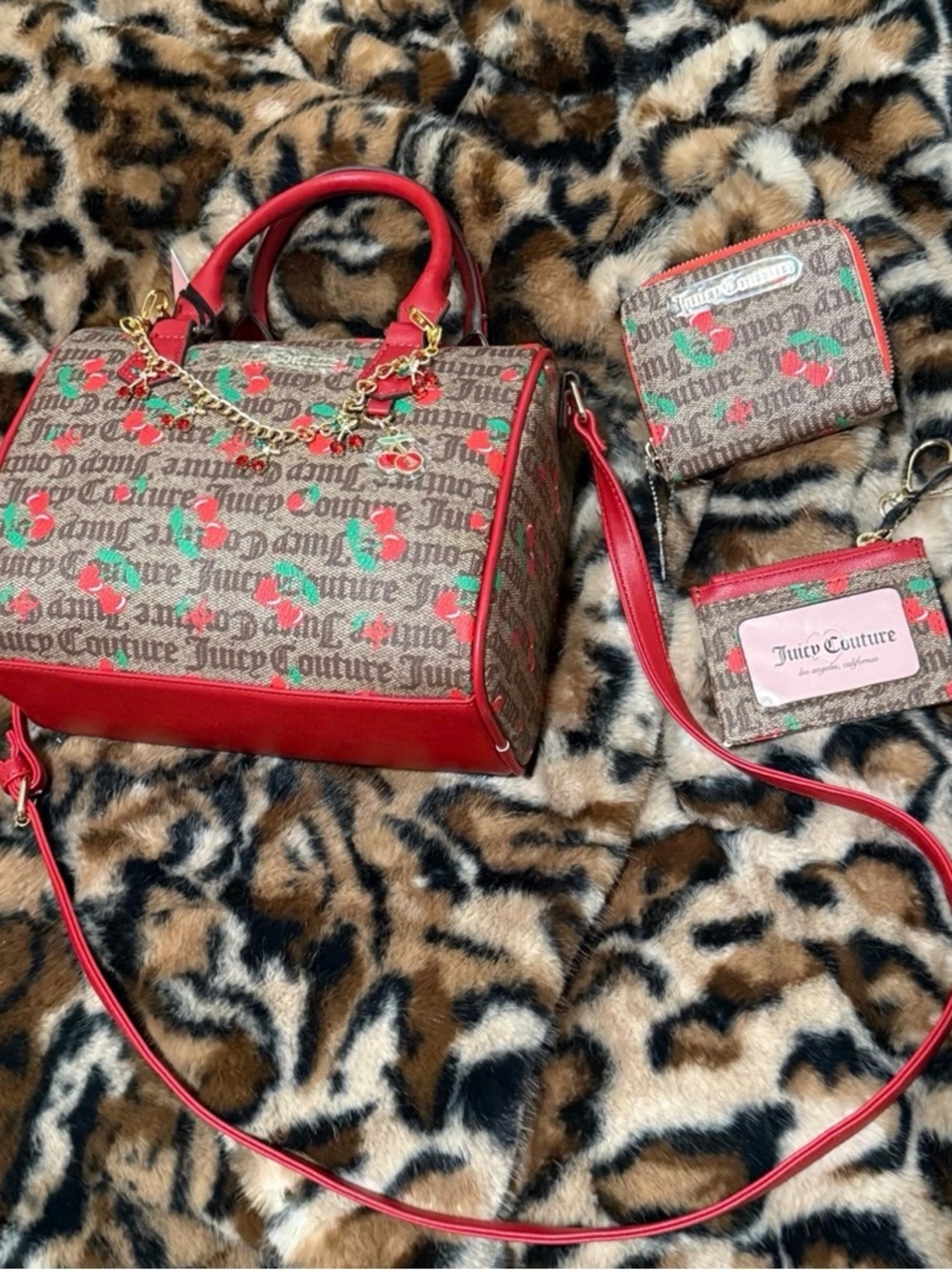 NWT Juicy Couture Brown Monogram Cherry-Print Satchel with 2 wallets!